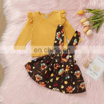RTS Baby Girls Thanksgiving Clothing Solid Color Long Sleeve Top With Pumpkin Print Tight Skirt Two-piece Set photo-3