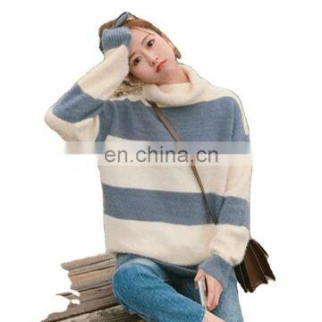 TWOTWINSTYLE Spring Striped Print Women Knitting Sweater Stand Collar Long Sleeve Loose Pullover