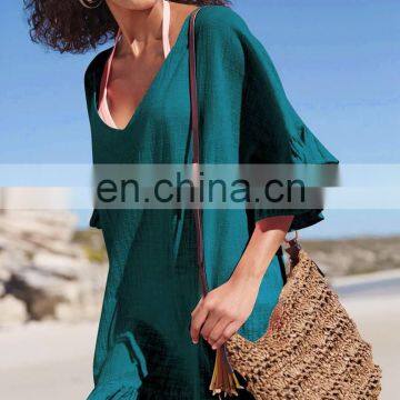 Bamboo Cotton Cover Up Sexy White V Neck Beach Dress Robe de Plage Sarong Beach Poncho Beachwear Coverups Saida de Praia photo-4