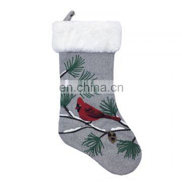 Wholesale Decorative Gray Herringbone Embroidery Linnet and Pine Branches Christmas Socking for Christmas