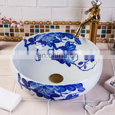 World Famous Chinese Blue And White Painted Ceramic Bathroom Sink