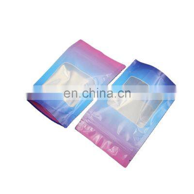 Custom printing food packaging plastic with zipper tear notch and window blue pink stand up bags