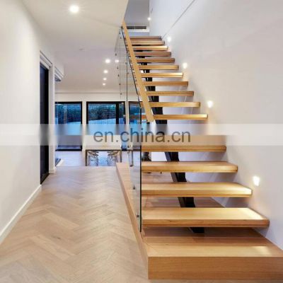 Custom Size Straight Interior Wooden / Glass Tread Stairs Staircase Modern Escalera