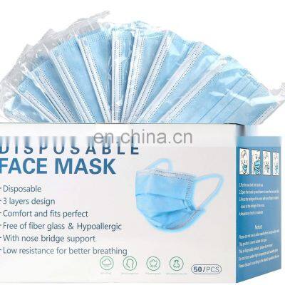 High quality face mask individually wrapped blue disposable 3 ply earloop facemask