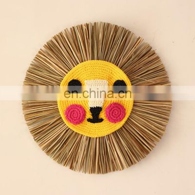 Hot Sale Yellow Lion Face Seagrass Wall Hanging Decoration High Quality Straw Rustic Art Decor Cheap Wholesale