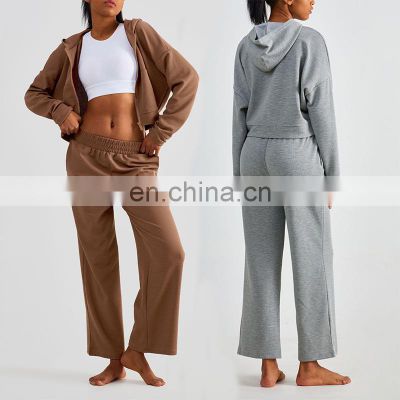 OEM & ODM Ladies Jogging Sweatsuit Waffle Wide Leg Pants Two Piece Sets Workout Training Women Sports Tracksuit Gym Fitness Set