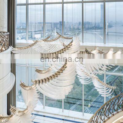 Modern Custom Luxury Glass Hanging Hotel White Feather Decorated Chandeliers