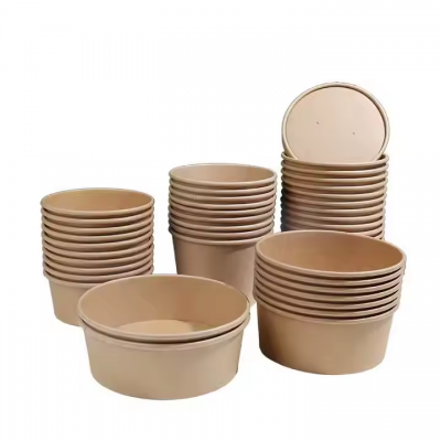 Disposable Round Paper Soup Bowl Paper Cups Food Container Biodegradable Take Away Fast Food Kraft Paper Salad Bowl With Lids