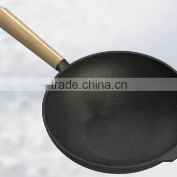 Pre-seasoned Cast Iron Cookware Wok pan with wooden handle/ best frying pan/ non-stick fry pan