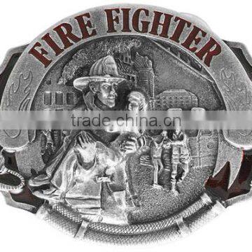 Pewter And Enamel Displays A Scene Of Firemen Rescuing People From A Fire With The Words "Fire Fighter" Metal Fridge Magnet