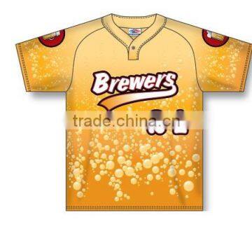 Custom Sublimated Short Sleeves Two Buttons Brewers Baseball Jersey/T-Shirt made of Moisture Wicking Cool Polyester fabric