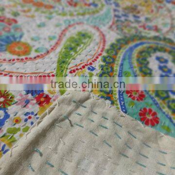 Handmade Printed Kantha Quilt, Paisley Pattern Kantha Bedspread, Queen Size Cotton Bed Cover