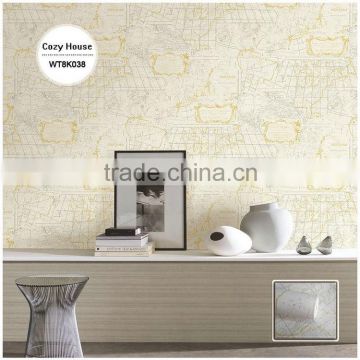 remnants printed pvc wallpaper, lemon yellow mediterranean world map wall covering for dressing room , decorative wallcovering