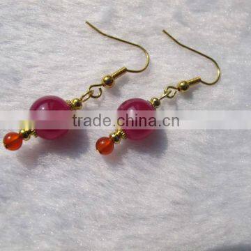 Pink gemstone dyed jade round beads Brass earring for women-silver plated earring unique jewelry design