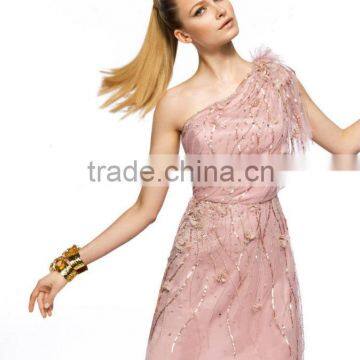 2013 New Designer Gorgeous One-shoulder Skin Pink Handmade Flower Short Bridesmaid Dress POE-061