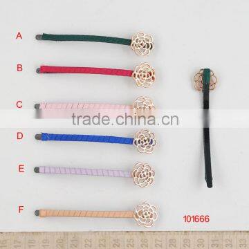 2014 new style fabric covered plastic hair clip with flower shaped filigree casting