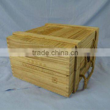 3 bottle pine wood wine box with rope handle