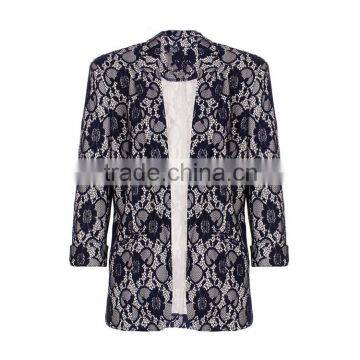 2016 Latest Design Lace Blazer Women Long Sleeve Navy Blue Open Jacket