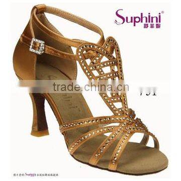 Suphini Deep Tan Satin Crystal Designer Latin Ballroom Dance Shoes