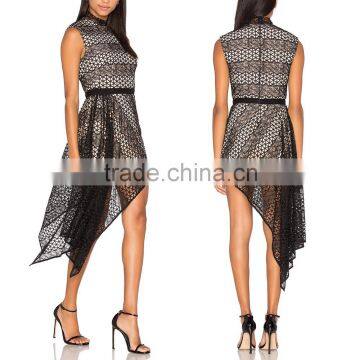 Fashionable lady double layer asymmetric net mesh crocheted high collar dress