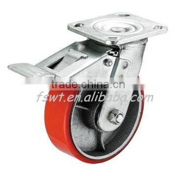 Heavy Duty Double Bearing Iron PU Caster Wheel With Total Brake