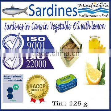 Sardines in Cans in Vegetable Oil with lemon ,125g High Quality Sardines with lemon, canned Sardines in Vegetable Oil,125 g