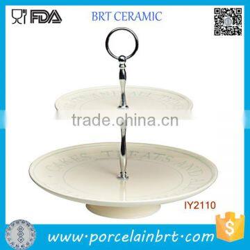 Logo Printed Rim Ceramic Portable with Handle 2 tier Cake Stand