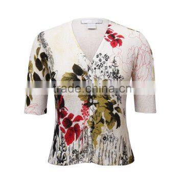 Old Women Cardigan Sweaters With Short Sleeves and Button Closure, Floral Printed Sweater
