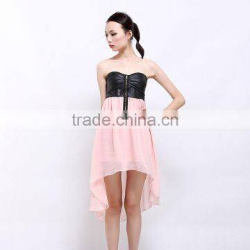 2017 new fashion patchwork chiffon skirt black leather tube top