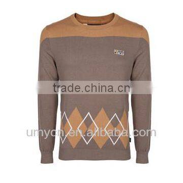 Men's ribbed embroidery applique diamond jacquard design pullover sweater