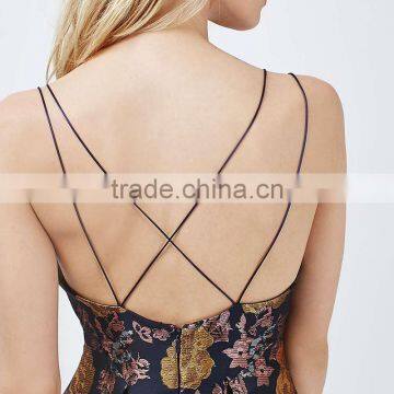 Vintage Royal Jacquard Printed Cross Back Plunge Sleeveless Short Prom Dress photo-4