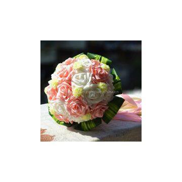 Pink and green leaves bride holding flowers