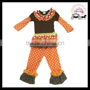 2016 yawoo brown cotton ruffle skirt top and polka dots pants halloween children clothes clothing sets