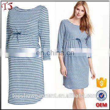 Hot sale 100% cotton maternity oem 3/4 sleeve dress in white blue stripes