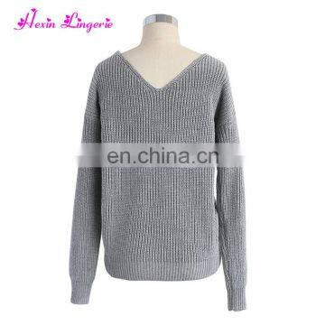 New Arrival Sexy Gray v Neck Ladies Fancy off Shoulder Custom Knitted Cashmere Sweater photo-4