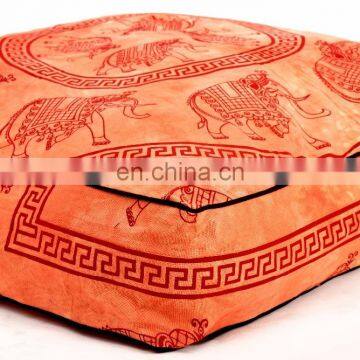 Indian Handmade Orange Elephant Mandala Floor Pillow Cover Square Cushion Cover Ottoman Pouf 35*35" Meditation Dog Bed Cover