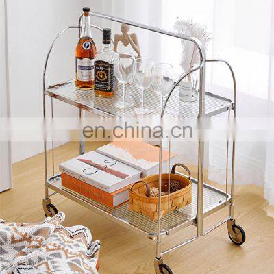New Design Mobile Fashionable Loading Stainless Steel Waiter Trolley Foldable Coffee Side Mirror Glass Tea Bar Trolley Cart