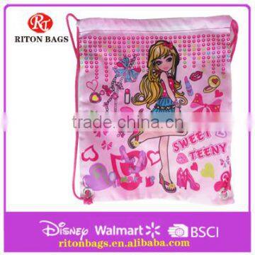 Beautiful Girl of Satin Pink Cheap Promotional Drawstring Bag with Cute Girls