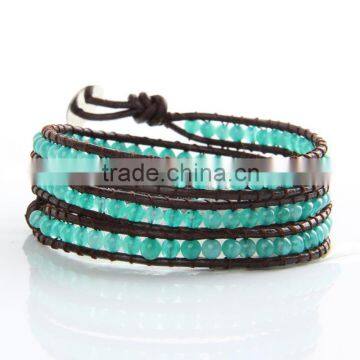 New Trendy Leather Wrap Bracelet 4MM Green Stone Handmade Bead Bracelets Bead Jewelry Manufacturer photo-2