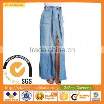 Wholesale Fashion Front Patch Pockets Long Belted Denim Maxi Skirt For Ladies