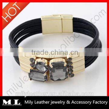 2014 Wholesale Leather rhinestone bracelet China Top 10 Fashion Jewelry Manufacture with supreme quality MLB 006