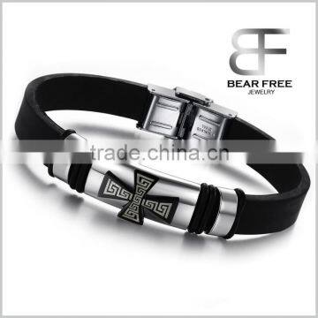 Men's 316L Stainless Steel Silicone Fret Cross Fashion Charm Bracelet Black silver