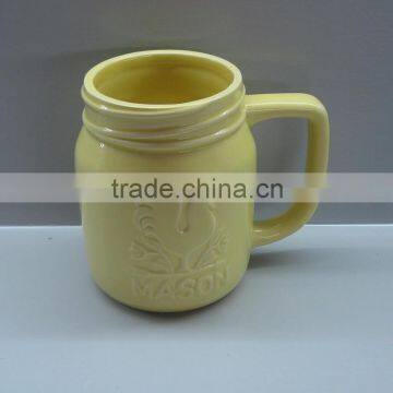 20 OZ Yellow-glazed Ceramic Mason Beer Jar Mug with Handle