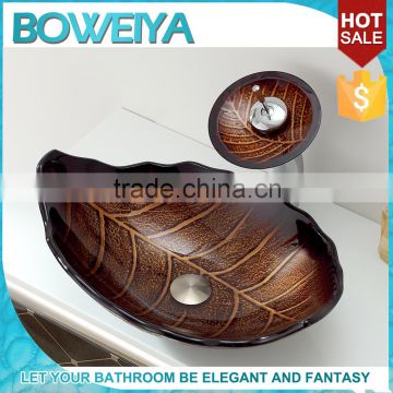 Restaurant Bathroom Used Dark Brown Leaf Molded Small Size Vessel Sinks