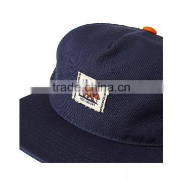 OEM/ODM Applique Label Patch Logo Flat Brim Navy Blue Mesh Plain 5 Panel Trucker Cap Wholesale photo-3