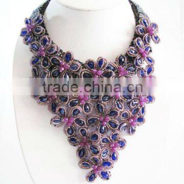 Purple Crystal with Agate Gemstones Jewelry Flower Necklace Handmade HN43