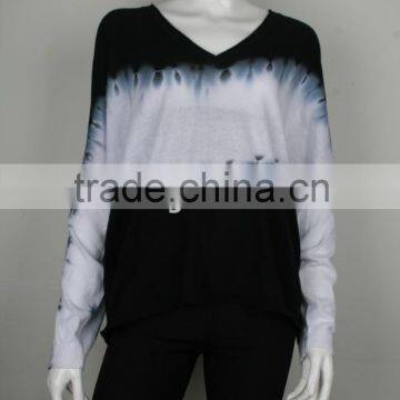 Ladies' V neck drop shoulder long sleeve pullover knitted sweater with tie dyed