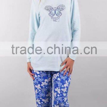 Kevince polar fleece pyjamas set woman pajama blue butterfly 1000pcs up OEM factory directly