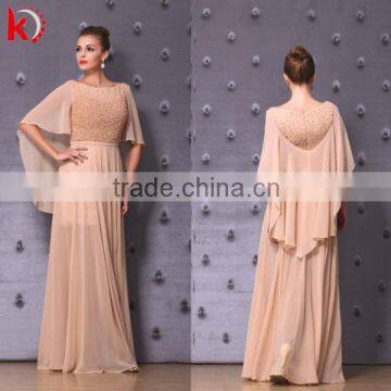 Graceful Boat Neck Chiffon Raindrop Beaded Half Sleeves Arabic Evening Dress Long