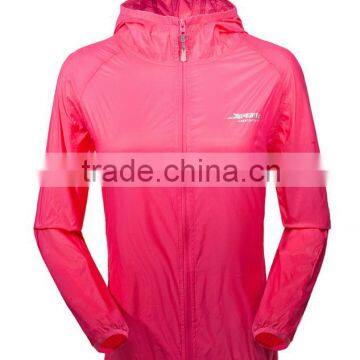 100% nylon women's waterproof, reflective red sport jacket with hood and full Zipper